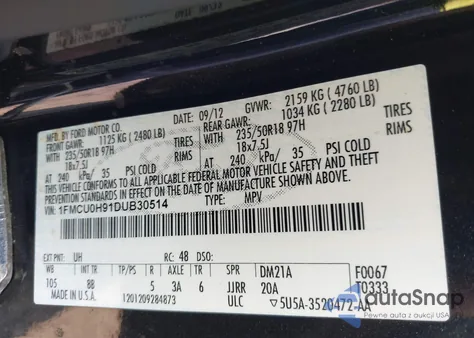 2013 Ford Escape Sel z USA, uszkodzony, nr VIN 1FMCU0H91DUB30514